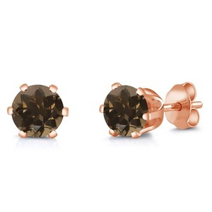 Authentic Round Shape Brown Smoky Quartz Rose Gold Plated Stud Earrings 0.92 Ct