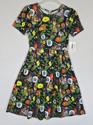 LulaRoe Amelia Sz S Dress  Black Background Wildflower Bird Print        (G1)