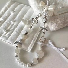 Stylish Pearl Heart Butterfly Beaded Phone Charm Wrist Strap Keychain UK
