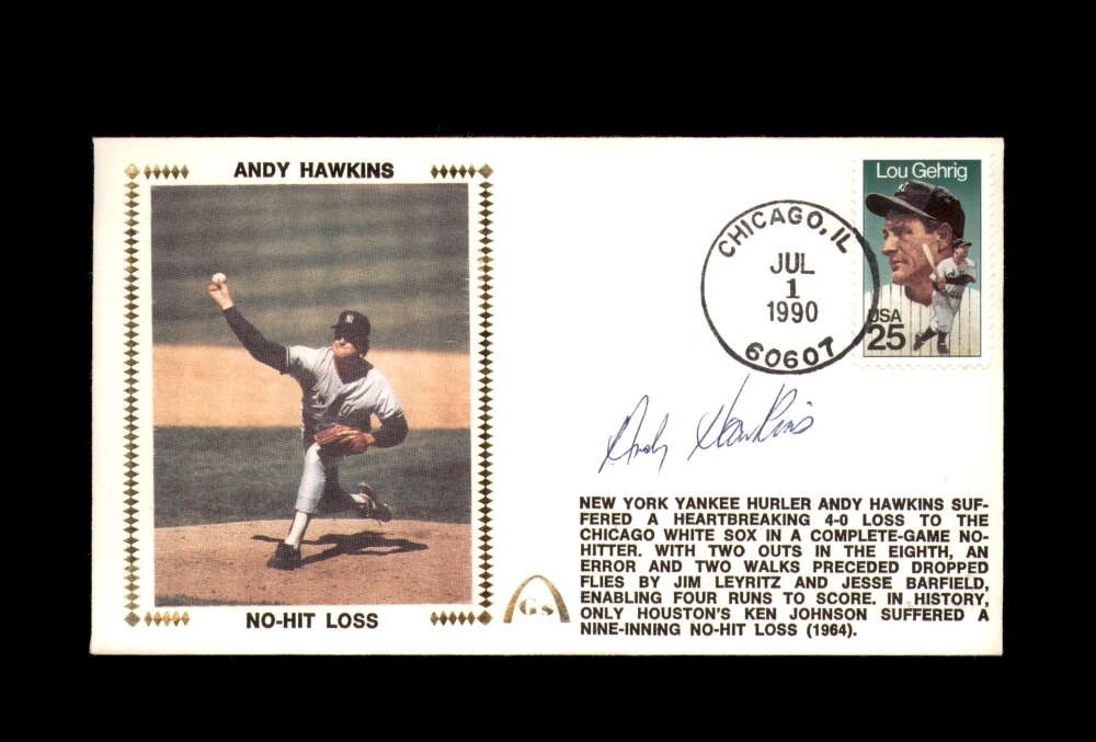 Andy Hawkins Signed 1990 No-Hit Loss First Day Cover Cache FDC Yankees Autograph