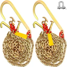 2PCS G80 5/16"x10' Transport Tow Chain J Hook Long Shank w/ Grabe & RTJ Hooks