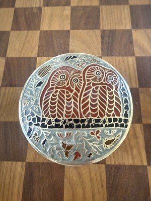 Vintage Solid Polished Brass Trinket Jewlery Box Enamel Owls Leaves Branch MCM