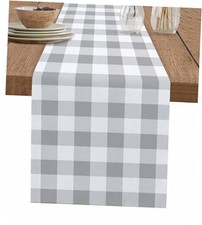 Plaid Cotton Linen Table Runner 13x70 Inch Buffalo Plaid 13x70 inch Grey White