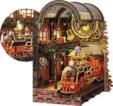 Book Nook Kit, DIY Scene Miniature House Kit with Sensor LED Lights 3D Wooden