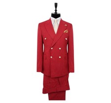 Men's Red Pinstripe Peak Lapel Efendi 1881 2-Piece Double Breasted Suit Virgin