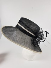 Ladies M&S 100% Straw Wedding hat Black with cream edges & feathers one Size