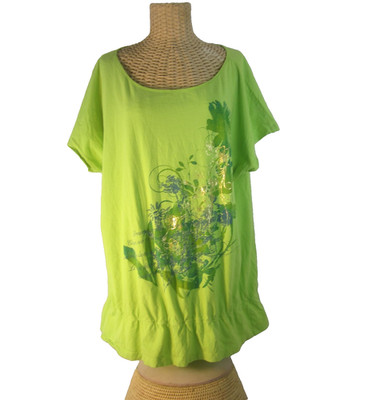 Cato Woman Plus 22W / 24W Green Gold Floral Soft Cotton Knit SS Tunic Top Y2K
