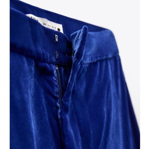 Zara Blue Velvet Velour High Waist Wide Flared Leg Crop Ankle Trousers Pants S - Picture 14 of 14