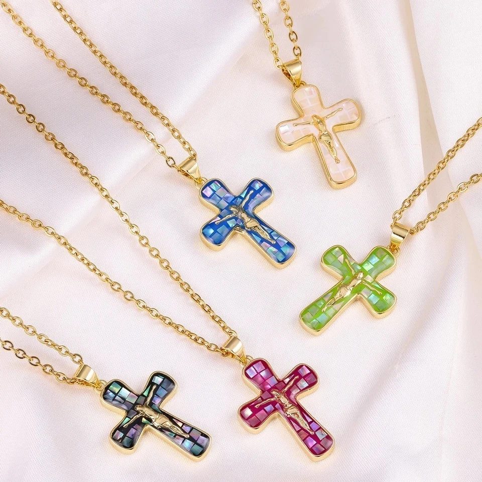 Berloques de ouro 18K com concha de opala cruz de Santa Maria para rosário faça você mesmo joias femininas/masculinas - Imagem 4 de 4