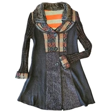 Sioni Women M Sweater Coat Coatigan Cardigan Wool Mohair Patchwork Boho 70s Long