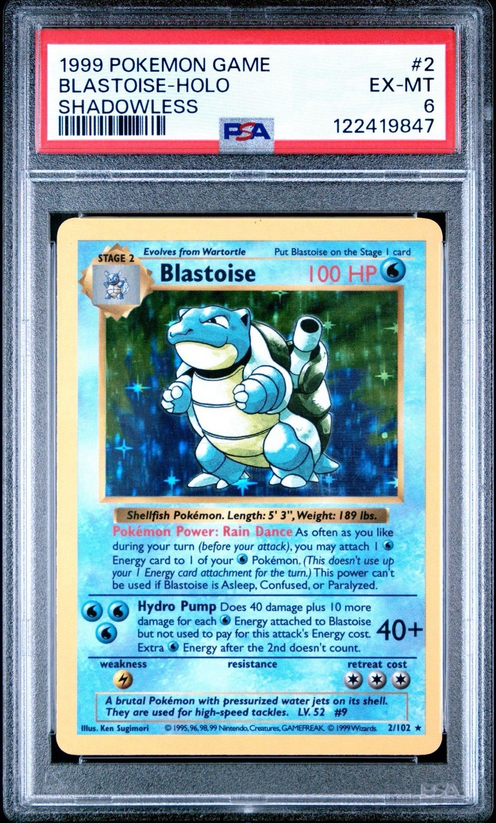1999 Pokémon TCG Blastoise Holo Rare Card Base Set 2/102 HP Shadowless #2 PSA 6