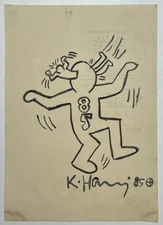 Keith Haring (Handmade) Drawing On old Paper Signed & Stamped, Vtg Art