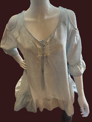 ABSOLUTELY FAMOUS Light Denim Blue Boho Bohemian Peasant Blouse ~ Women's Large