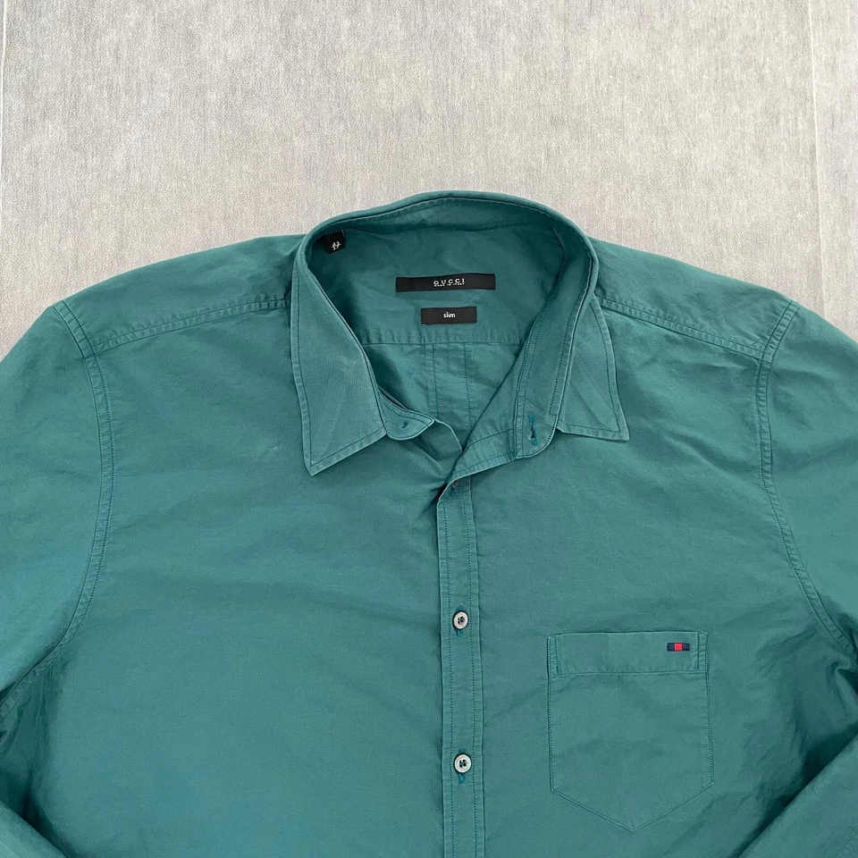 Gucci Shirt Adult 17/43 Slim Green Button Up Cotton Silk Blend Long Sleeve Mens - Image 3 of 4