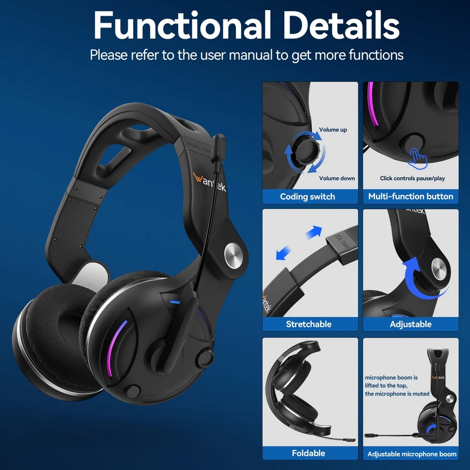 Wantek Cuffie Gaming Wireless con Microfono Cuffie Bluetooth HiFi Pieghevoli - Immagine 4 di 4