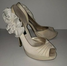 NINA ivory White Fabric Satin Beaded Ribbon Bow Peeptoe Platform wedding Heels 7