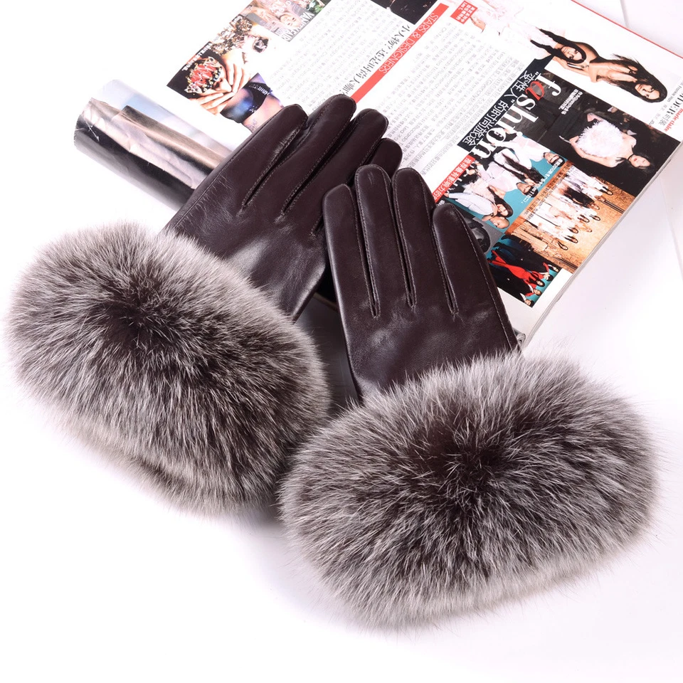Mujer 100% Piel de Zorro Real con Cuero Invierno Cálido Pantalla Táctil Piel de Cordero Guantes  Foto 2 de 4