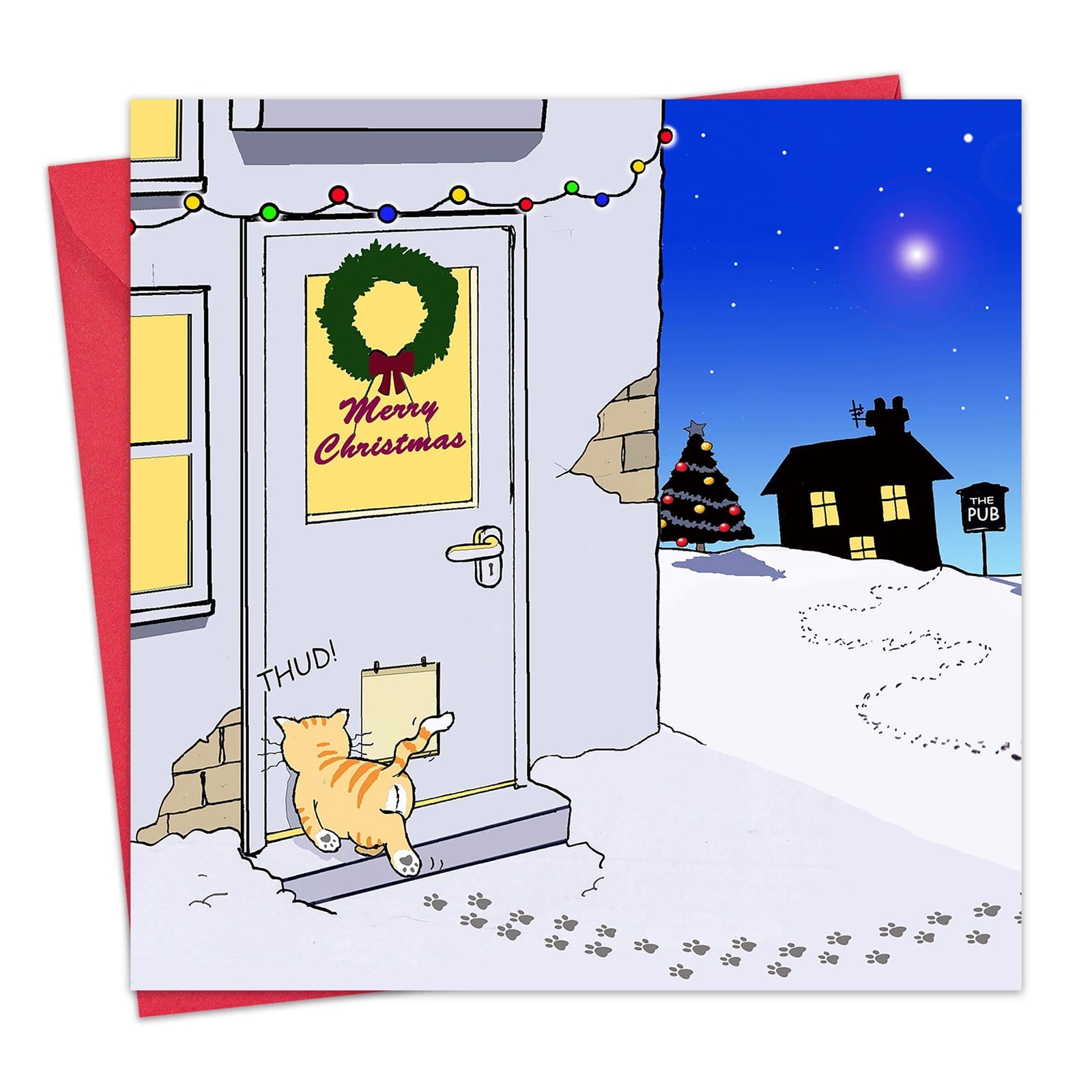 Merry Christmas Card with Pub, Drunk Cat & Thud -Xmas Card -Funny Christmas Card