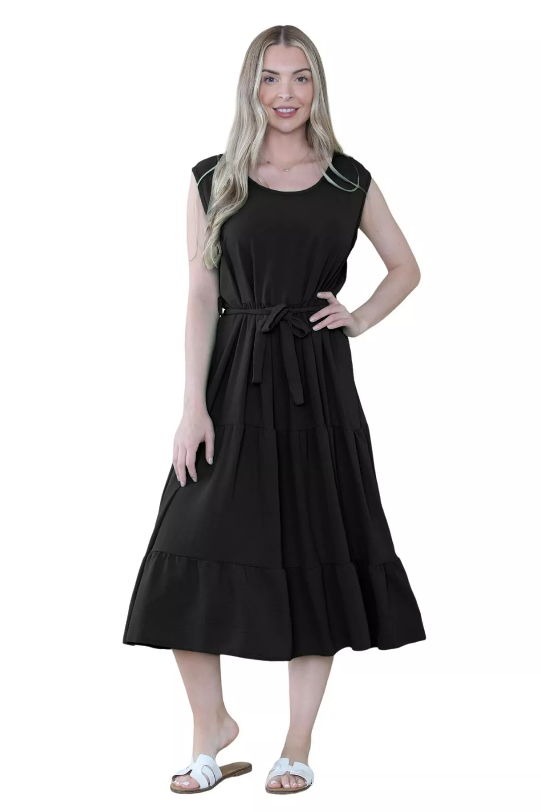 Robe smockée femme italienne sans manches ceinturée femme uni été volants maxi 8 26