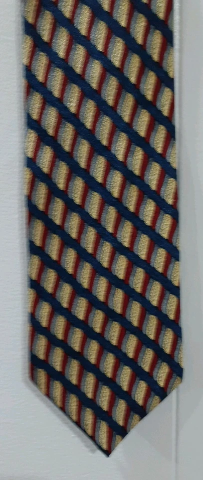 ¡BONITO! Corbata de colección Bench Mark geométrica/cuerda 100 % seda para hombre rojo azul dorado. Foto 3 de 4