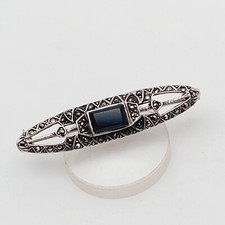 Antik Stil 925 Silber-Brosche mit Onyx Stein Markasiten Jugendsti Design Schmuck