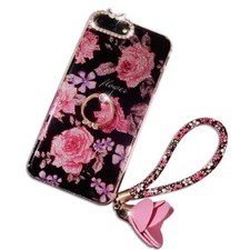 Bling Glitter Diamond Kickstand Ring Holder With Rosette Wrist Strap iPhone Case