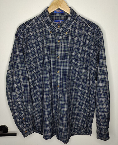 Sir Pendleton Virgin Wool Mens Size Large Plaid Blue Button Down Shirt USA - Picture 2 of 7