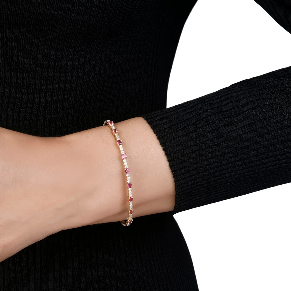 3.75ct Natural Round Diamond 14k Yellow Gold Ruby Anniversary Valentine Bracelet - Image 2 of 3