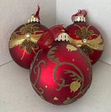 (Set of 3) FG 4" Glass Red & Gold Glitter Patterned Round Christmas Ornaments