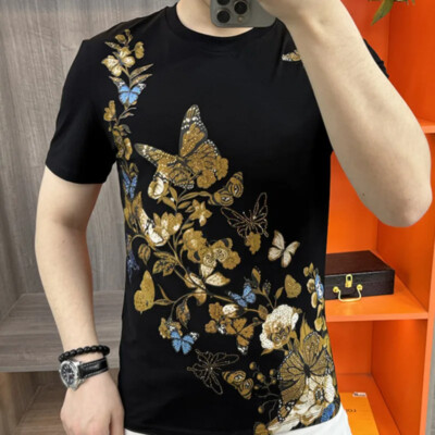 New Men Luxury Butterfly Trend Rhinestones Diamonds Fashion Summer Black T-Shirt