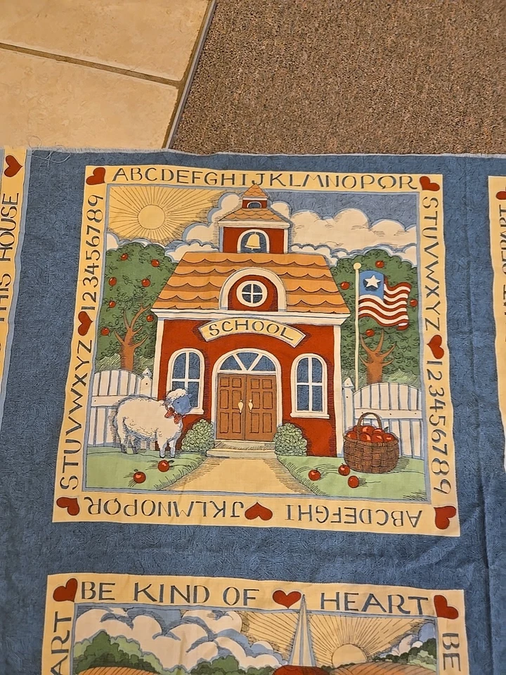 Vintage Cheater Quilt Fabric 44X 34 Or 4 Blocks By 15.5 Sq Country Building T - Image 2 of 4