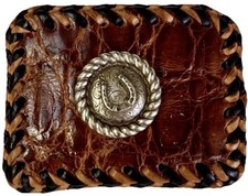Vintage Handmade Leather Belt Buckle Brown Tooled Laced Western Concho 3.5  
