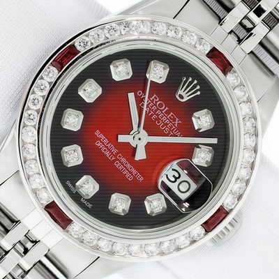 ROLEX LADIES DATEJUST WATCH STAINLESS STEEL RED DIAMOND DIAL, RUBY DIAMOND BEZEL