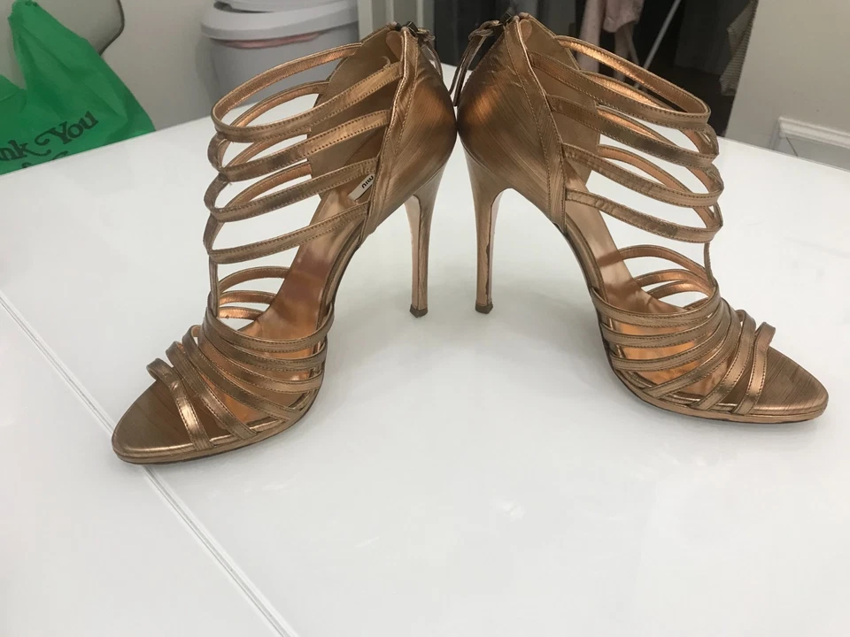 Miu Miu Womens Gold Glamour Cammello T Strap Cage Heel  Size 39.5 - Image 3 of 4