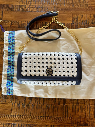 Tory Burch White Black Logo Crossbody Bag Gold Chain Strap Magnetic Dust Bag
