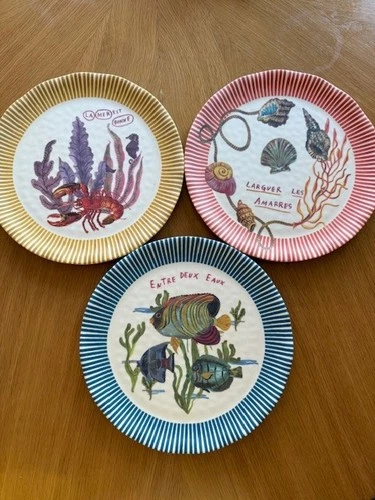 Anthropologie Nathalie Lete By the Sea Dinner Plate Set 3 Seashell Lobster Fish