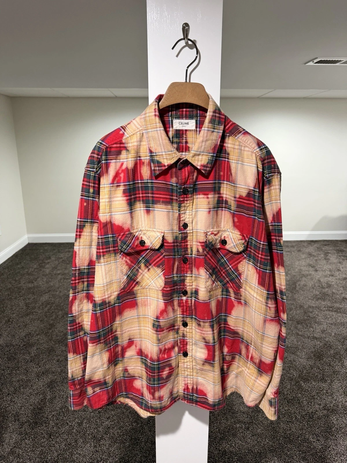 Celine — Celine x Hedi FW23 Bleached Tartan Plaid Red Flannel Shirt