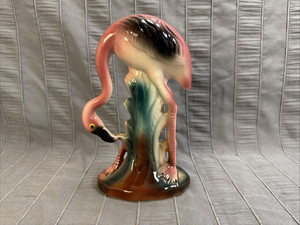 Ceramic Pink Flamingo Mid-Century 7.5" Tall, Reeds