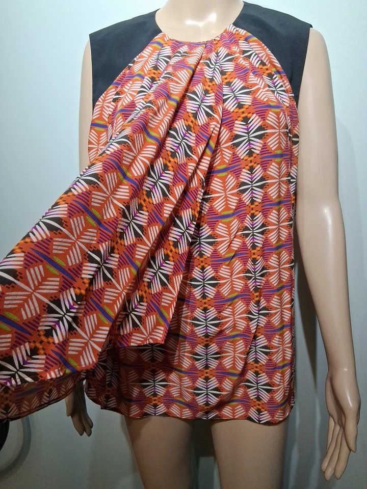 Blusa Top Para Mujer Etro Naranja/Negro Seda Sin Mangas Talla IT 46/L Foto 4 de 4
