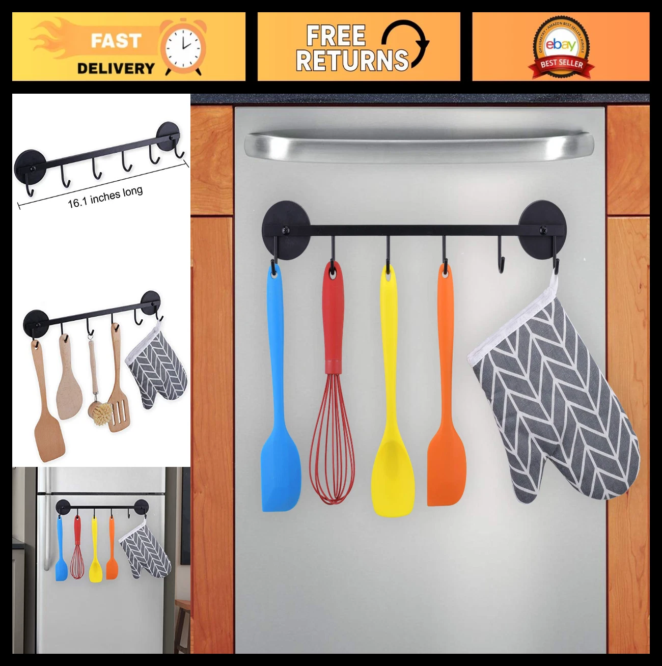 Magnetic Utensil Holder - 6 Hooks Kitchen Tool Organizer for Refrigerator & Gril
