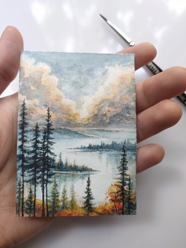 Original ACEO Miniature Landscape Painting | Watercolor Mountains, Lake & Forest