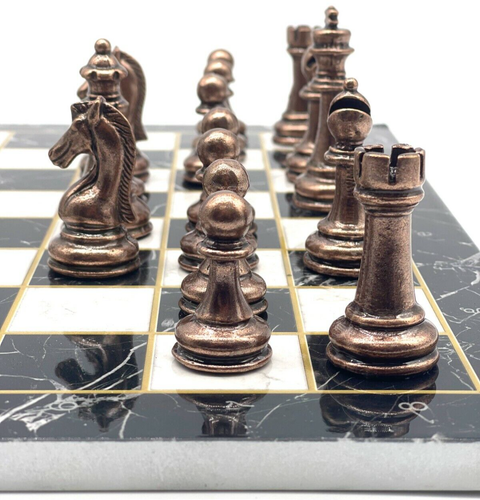 Black-White Marble Patterned Chess Board and Classic Metal Chess Pieces, Chess - Picture 4 of 8