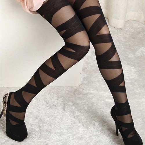 Ladies Stripes Pattern Black Sheer Thin 