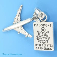 US Passport and Jet Airplane Plane Travel Movable 3D 925 Sterling Silver Charm
