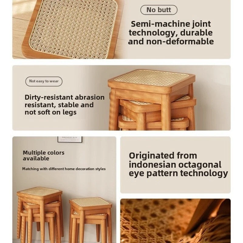 Solid wood rattan stool for household use, stackable, antique dining table stool - Image 4 of 4