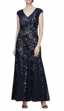 ALEX EVENINGS- Sequin Lace Cap Sleeve Gown with Godet Skirt- Blue- Size 6- NEW!!