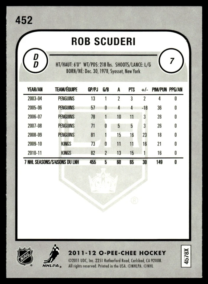 2011-12 O-Pee-Chee SILVER FOIL Rob Scuderi Los Angeles Kings #452 - Image 2 of 2
