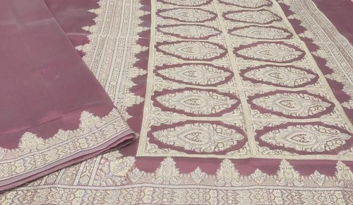 Vintage Mauve Saree Tissue Woven Floral Used Craft 5Yd Fabric Premium Sari 1304 - Picture 3 of 11