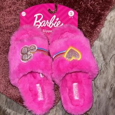 Barbie Slippers Pink Faux Fur Plush Womens Size Small 5-6 NWT