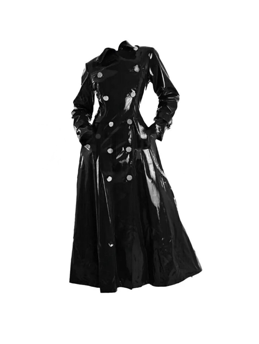 Women's Glossy Black PVC Trench Coat Long Wet Look Vinyl Jacket